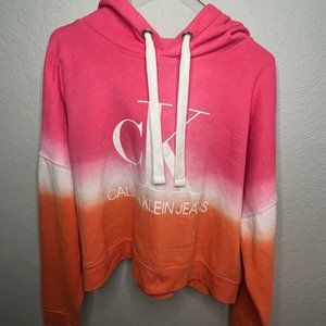 Large Calvin Klein Pink and Orange Tiedye Cropped Hoodie Wweatshirt